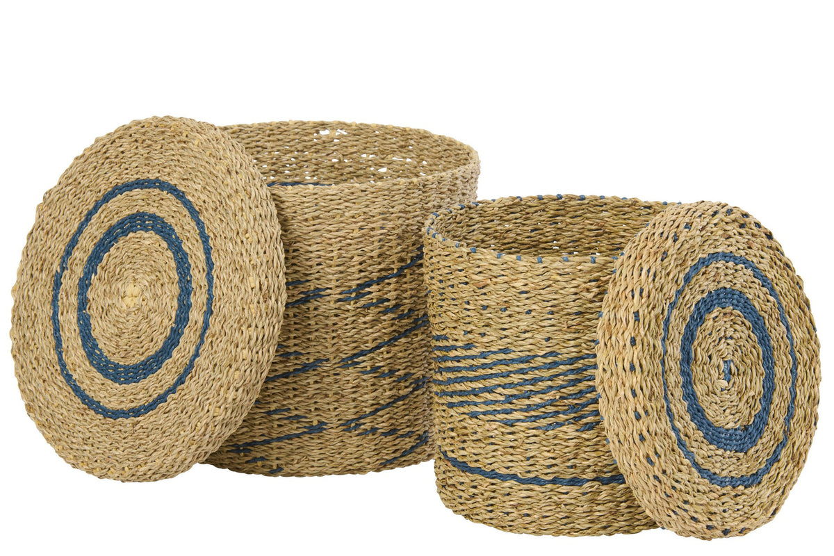 J-Line mand + deksel - ijzer/papier - blauw/naturel - set van 2