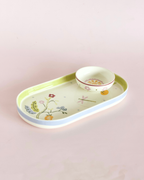 Handbeschilderd keramisch ovaal serveerbord - met notenkom, bloemen, 24,5x12cm