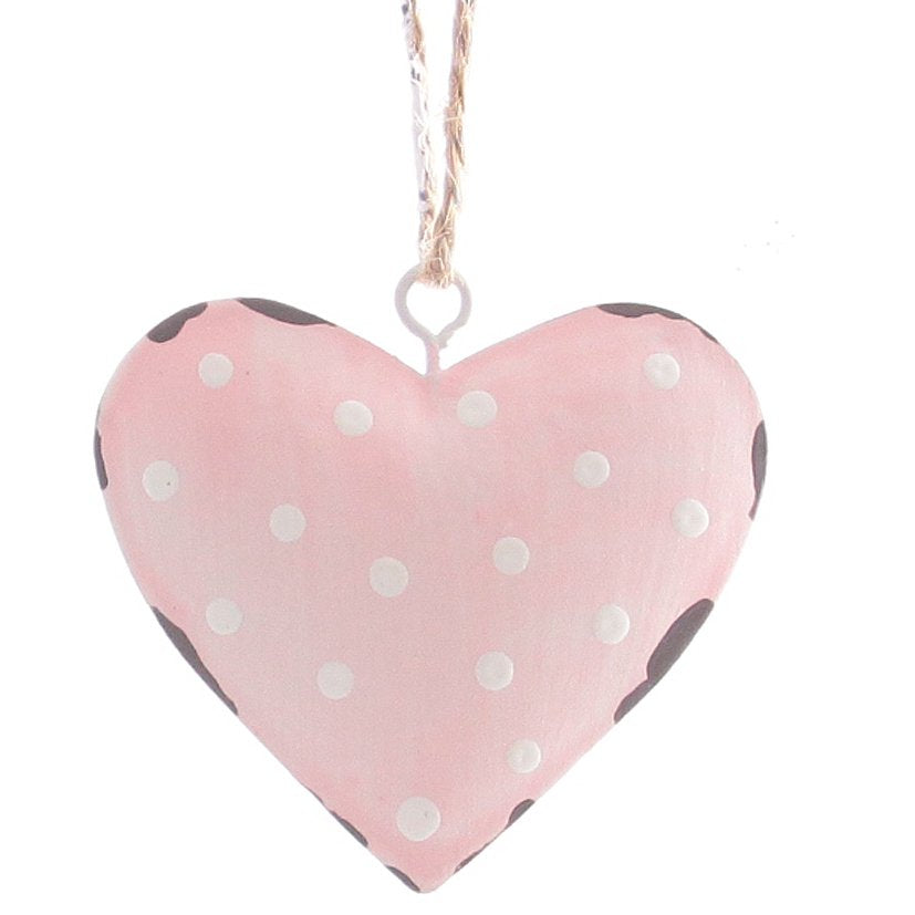 Metalenhanger hart met witte stippen 5x5cm roze