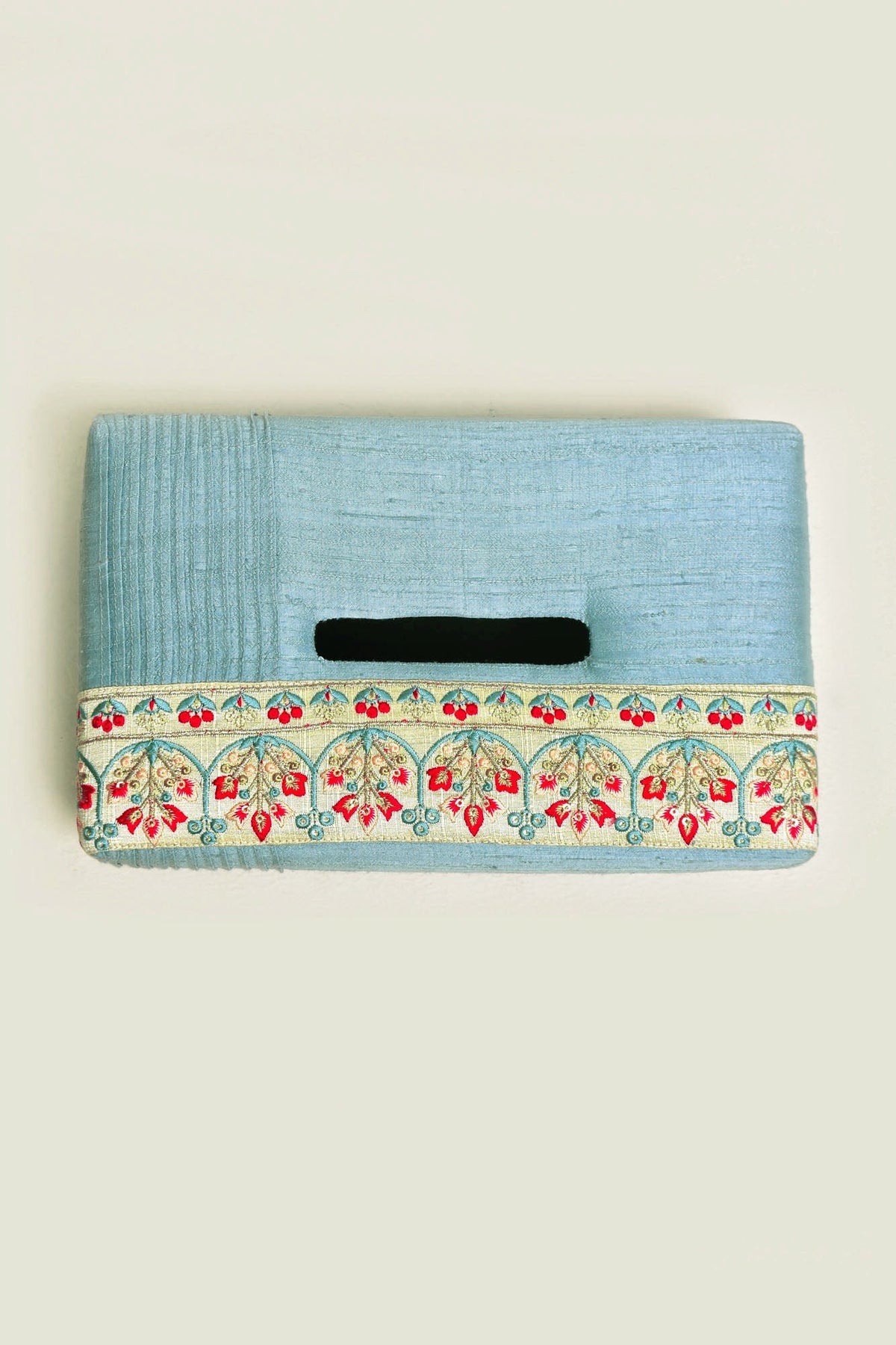 Dupion Zijden Tissue Box - Bloemenborduurwerk, Geplooid