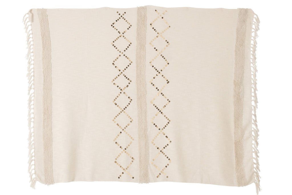 J-Line Plaid diamanten + franjes - katoen - wit/goud - 130 x 180 cm