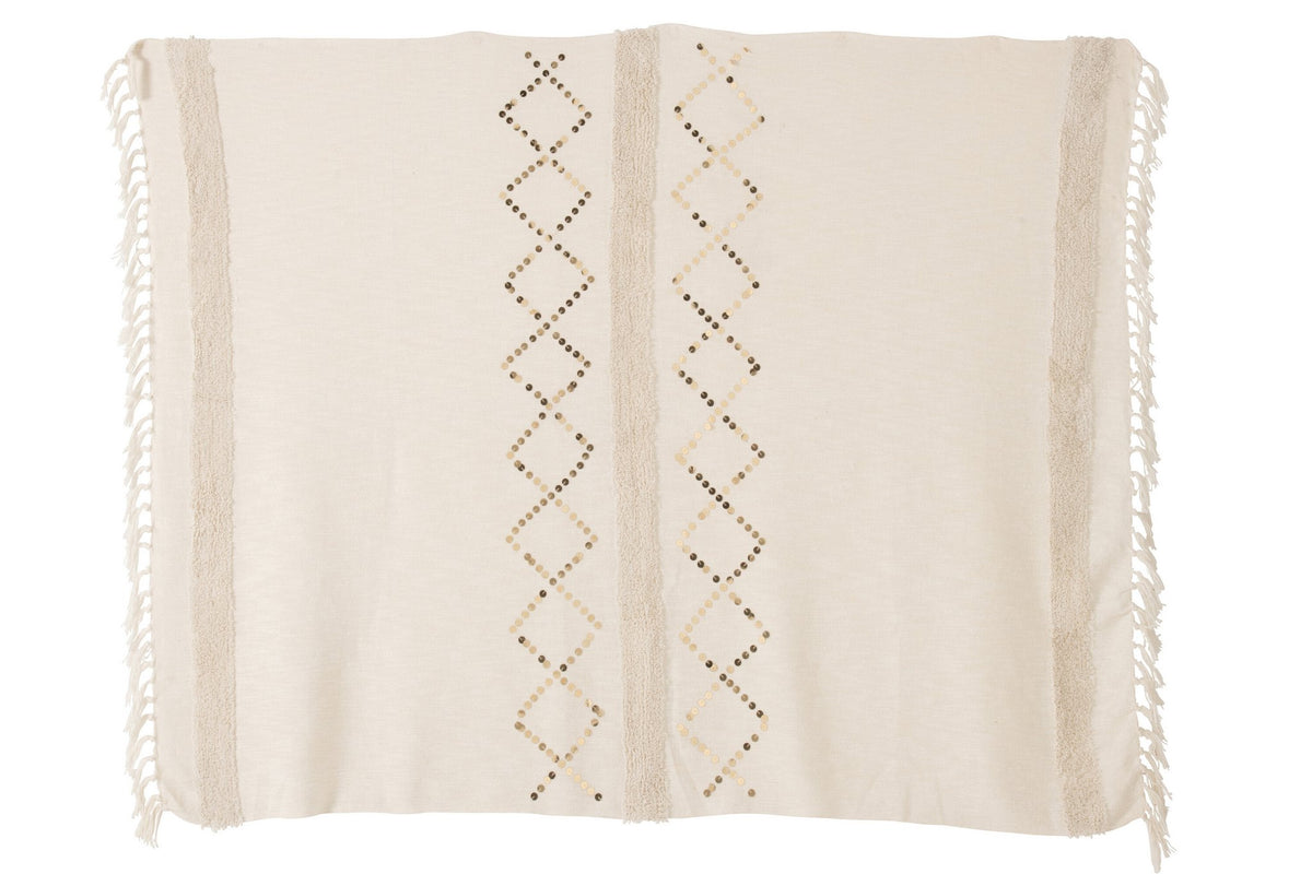 J-Line Plaid diamanten + franjes - katoen - wit/goud - 130 x 180 cm