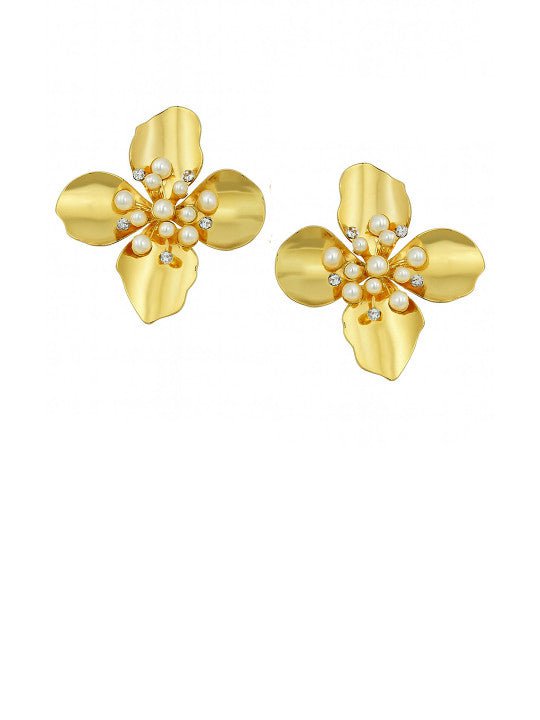 Met bloemen versierde studs – Oorknopjes – Vergulde legering, namaaksteen en parel