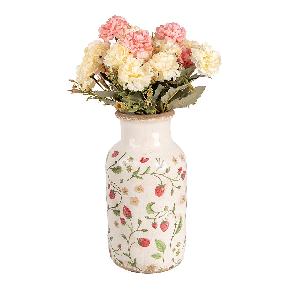 Vaas Ø 14x26 cm Beige Rood Keramiek Aardbeien