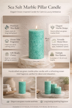 Zeezout Marmeren Pijlerkaars – Ocean Mist | Handgemaakte marmeren waskaars met frisse zeezoutgeur | Elegant interieuraccent