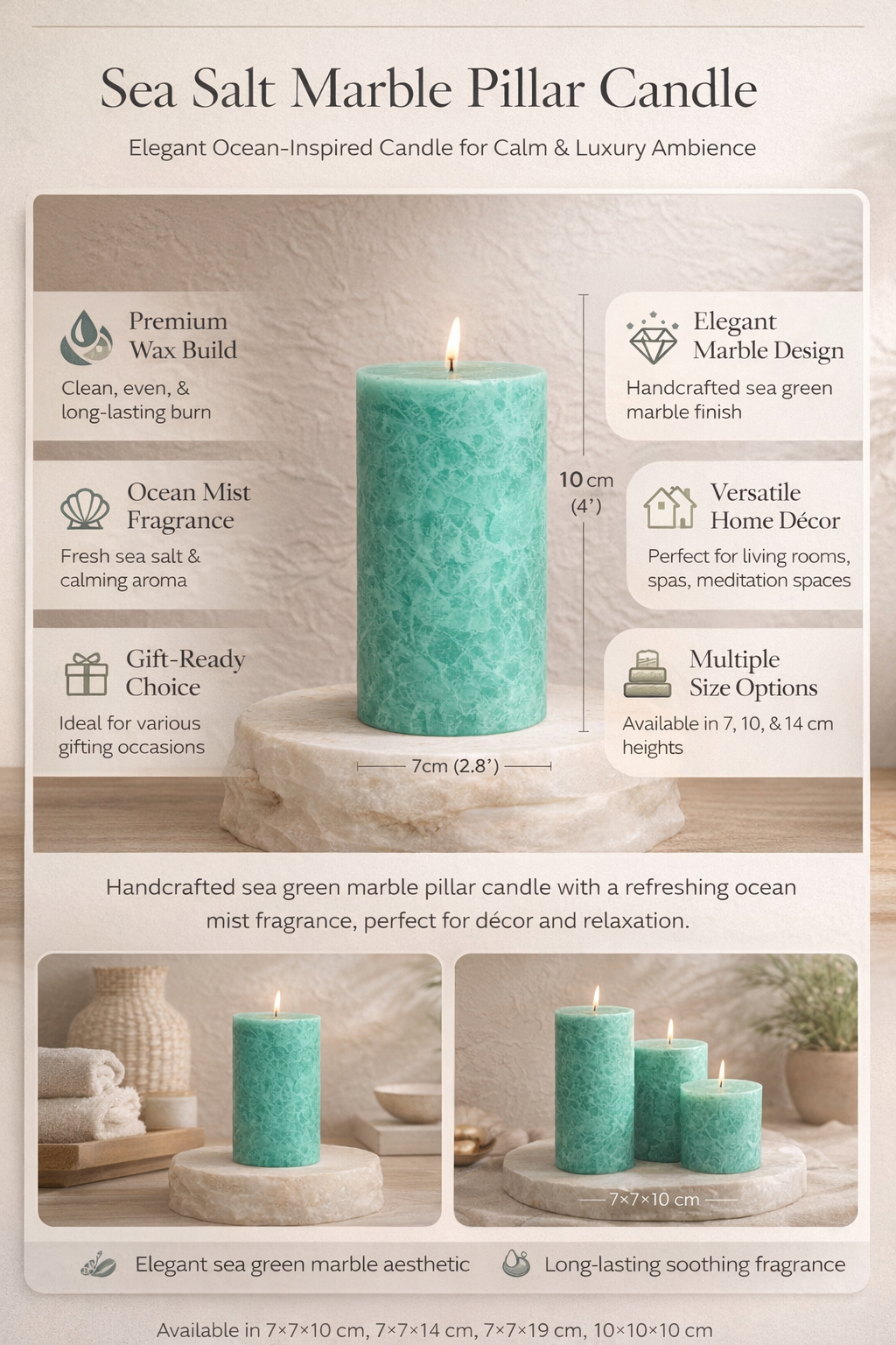 Zeezout Marmeren Pijlerkaars – Ocean Mist | Handgemaakte marmeren waskaars met frisse zeezoutgeur | Elegant interieuraccent