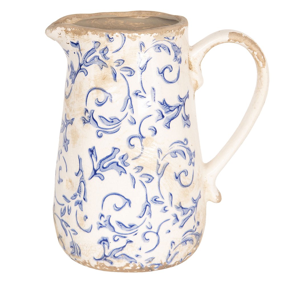 Decoratie Kan 1000 ml Wit Blauw Keramiek Bladeren Waterkan