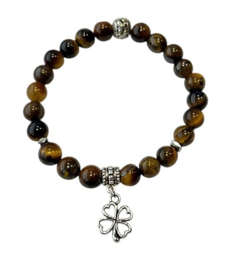 Dames armband Tijgeroog 8 mm met klaver bedel