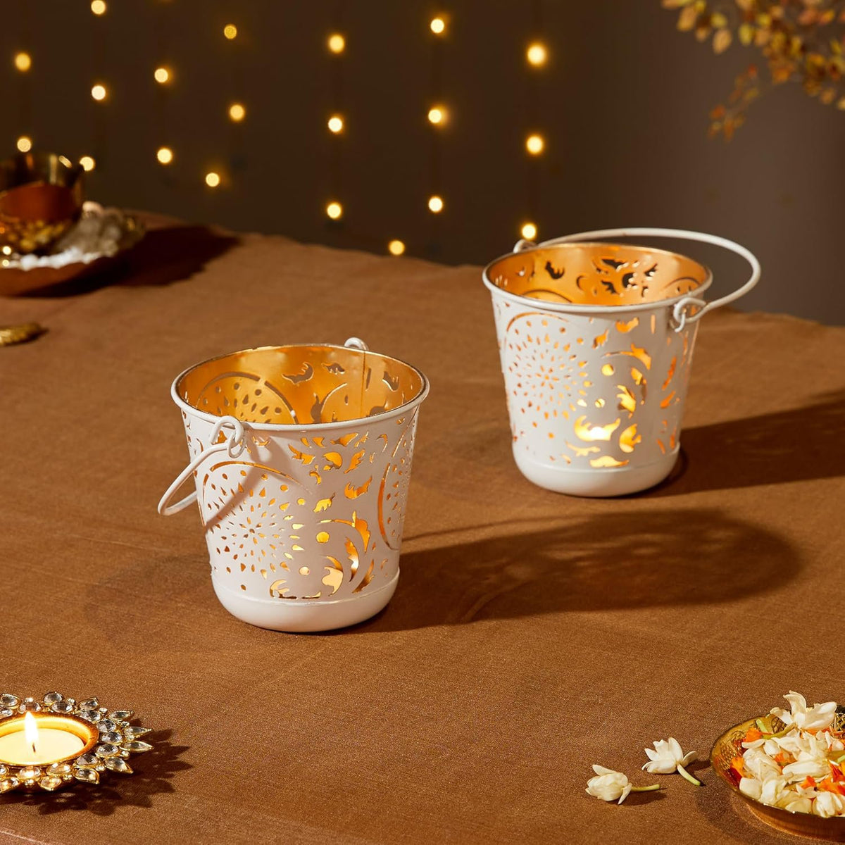 Votiefhouders – Wit gepoedercoat ijzer met gouden binnenkant en handvat – Set van 2 (11 cm)