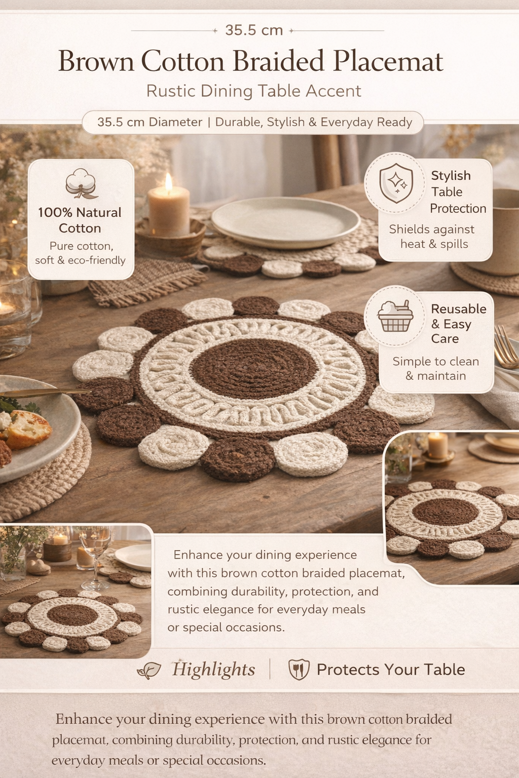 Bruin katoenen gevlochten placemat – handgemaakte eetmat