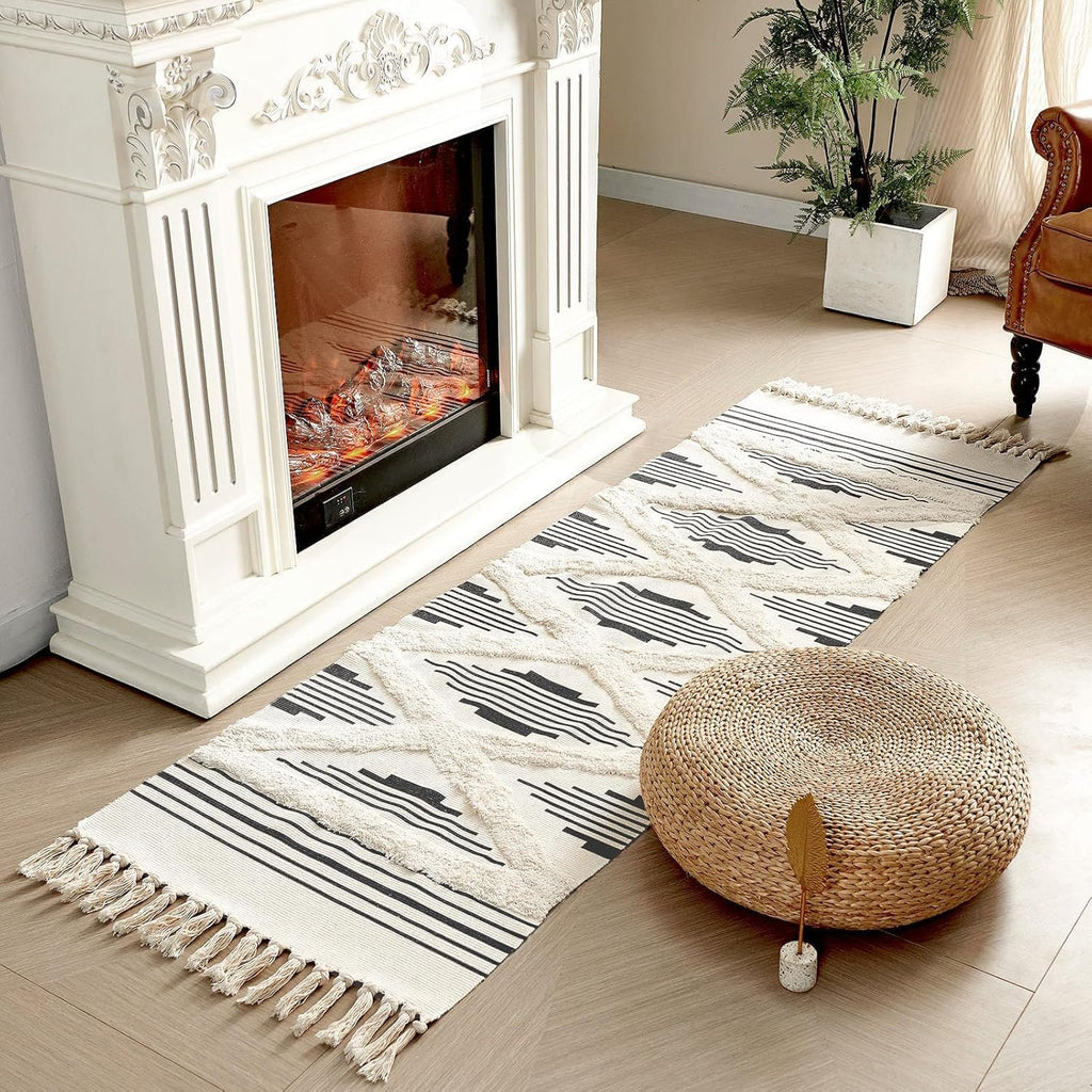 Handgeweven katoenen vloerkleed – zwart zigzagpatroon – 60x152 cm