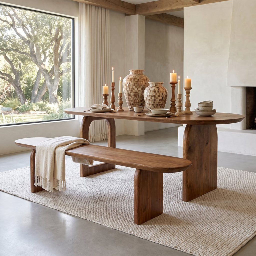 Bullnose mangohouten eetkamerbank bruin