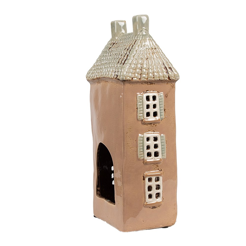 Waxinelichthouder Huis 12x9x28 cm Bruin Beige Keramiek Theelichthouder