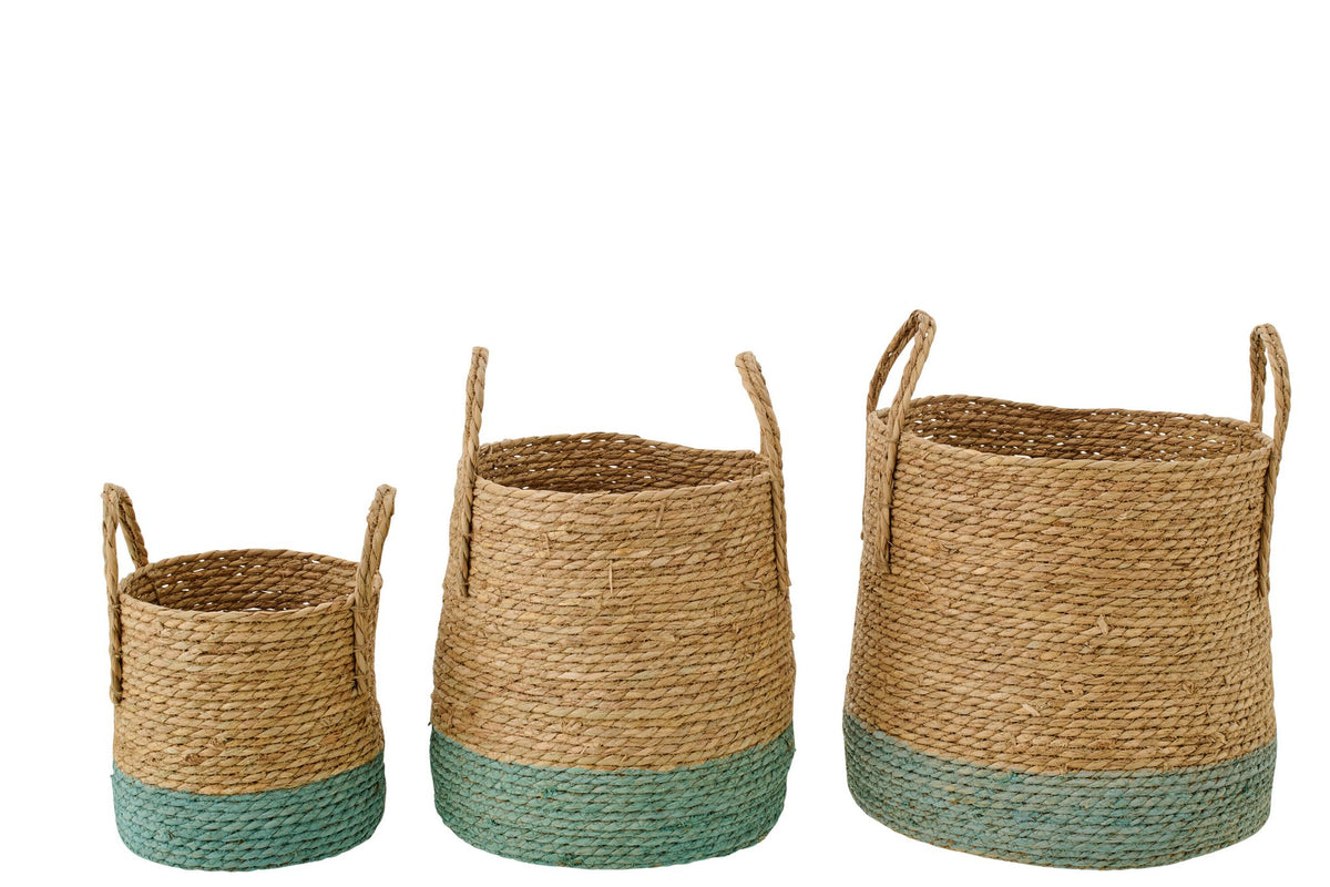 J-Line mand met handvatten - papier - naturel/grijsgroen - set van 3