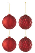 J-Line kerstbal Geribbeld/Ruit - glas - rood - large - doos van 4