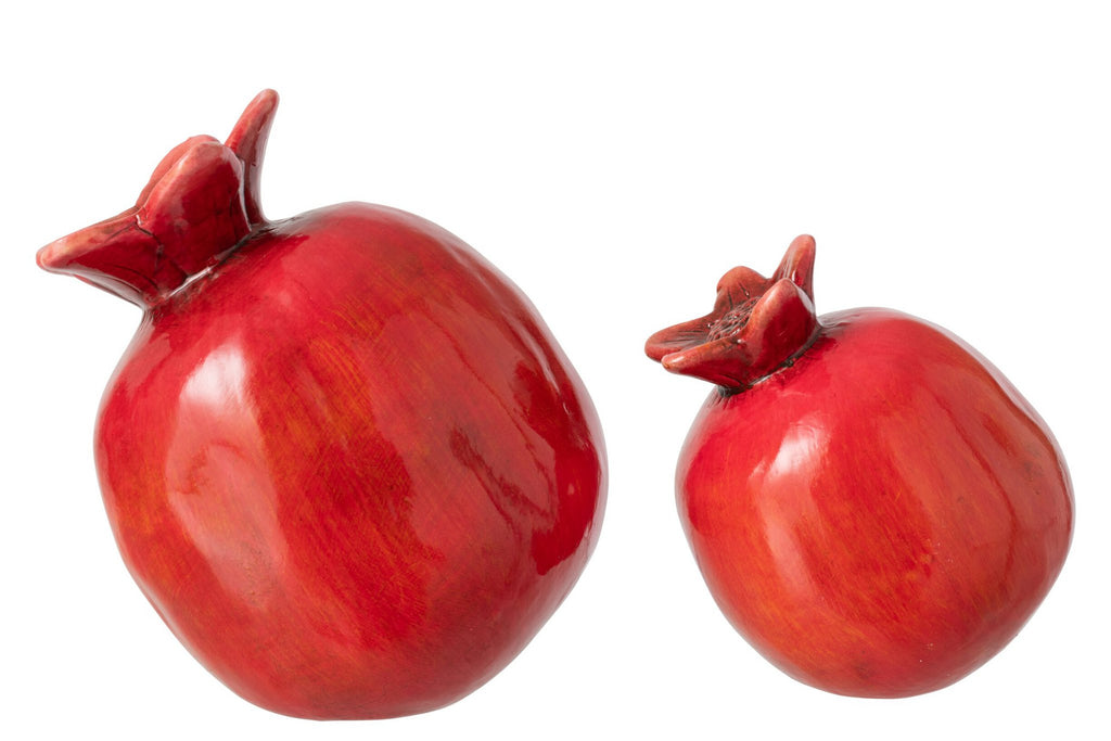 J-Line decoratie Granaatappel - keramiek - rood - 2 stuks
