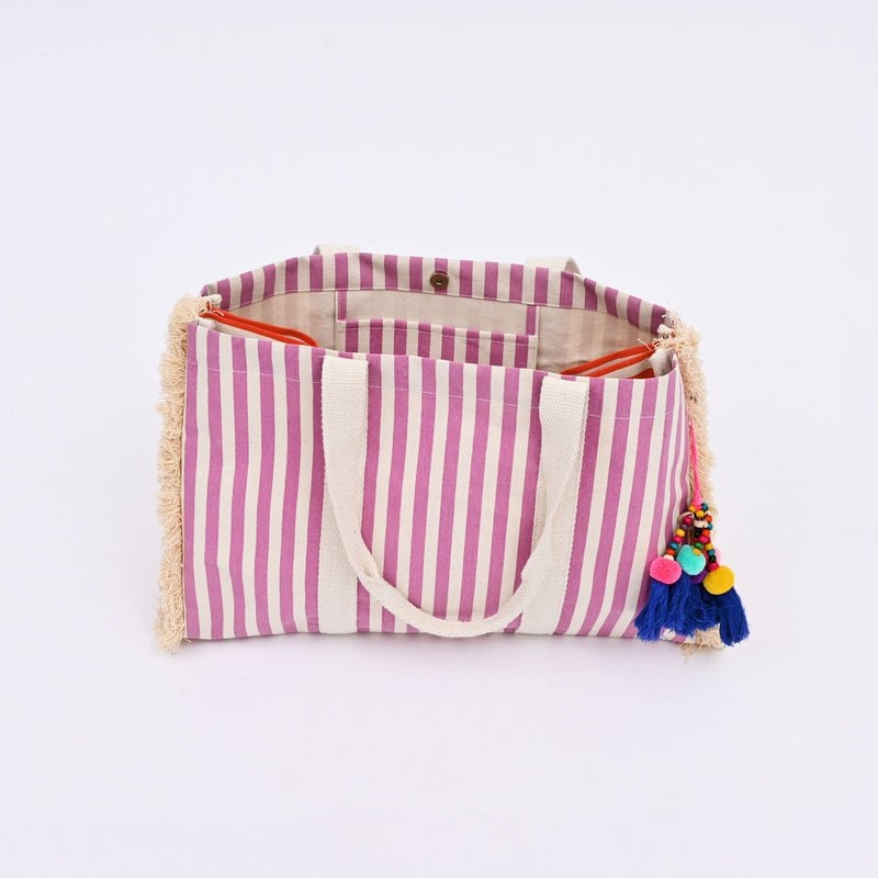 Tote Bag - Boho Gestreepte Canvas Strandtas – Grote Milieuvriendelijke Herbruikbare (54 x 18 x 34 cm)