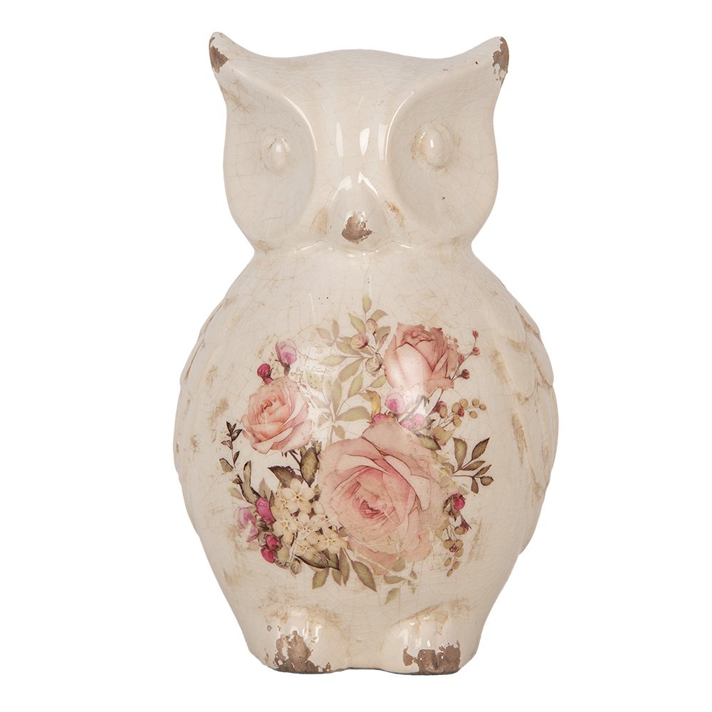 Decoratie Beeld Uil 13x12x21 cm Beige Keramiek Bloemen
