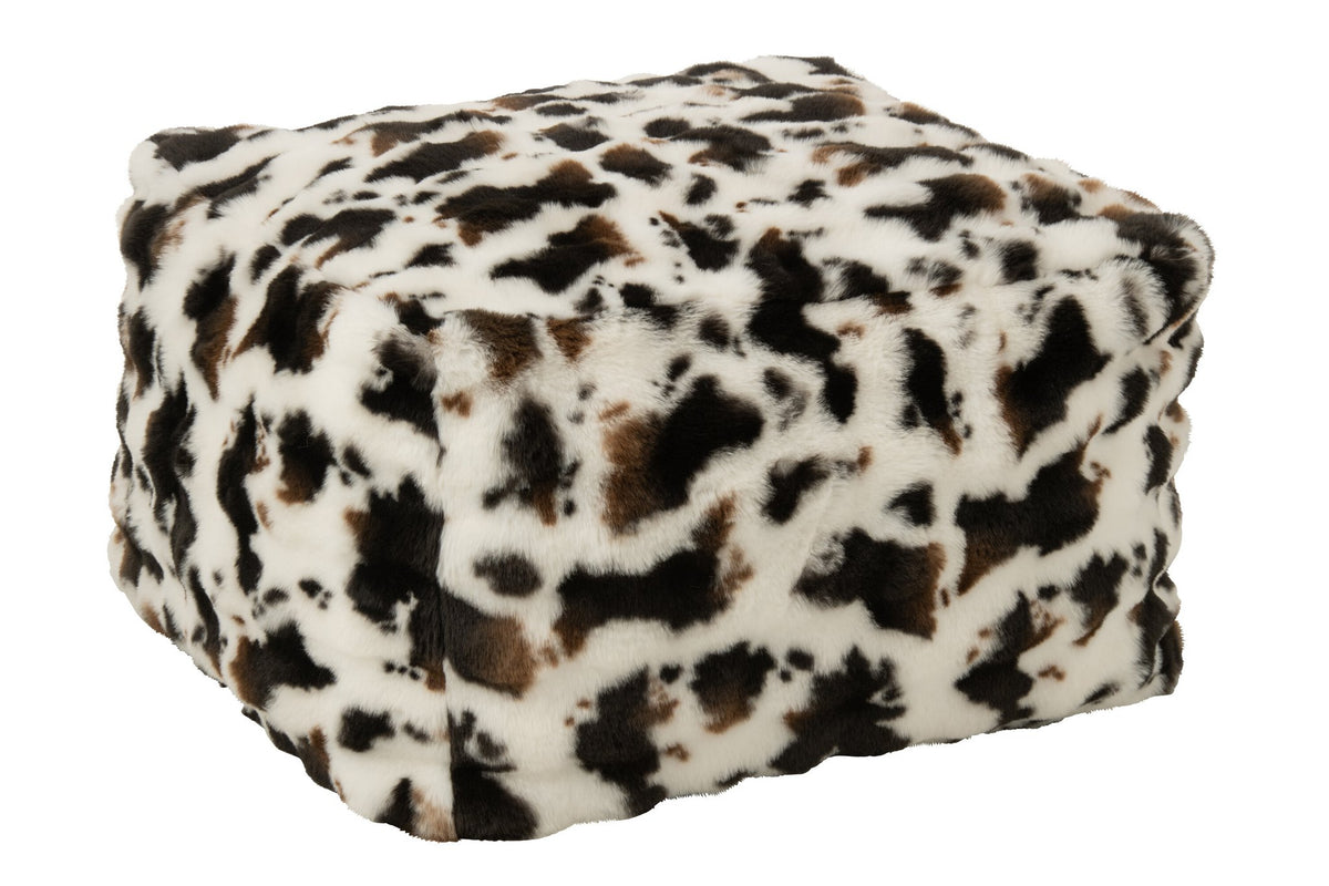 J-Line Poef met koeienmotief - polyester - wit/donkerbruin