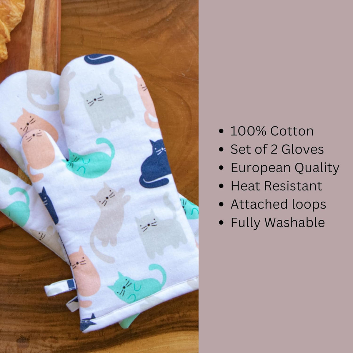 Keukenlinnenset met kattenprint – 100% katoen, machinewasbaar – schort, ovenwanten, pannenlappen, 3-delig