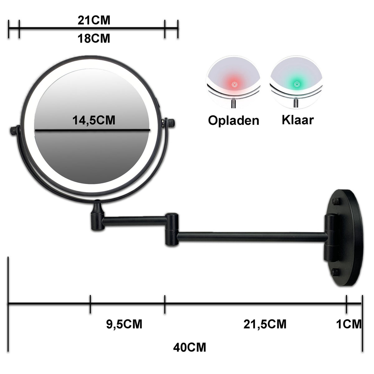 Metalen LED knikarm wandspiegel zwart /Ø17,5cm