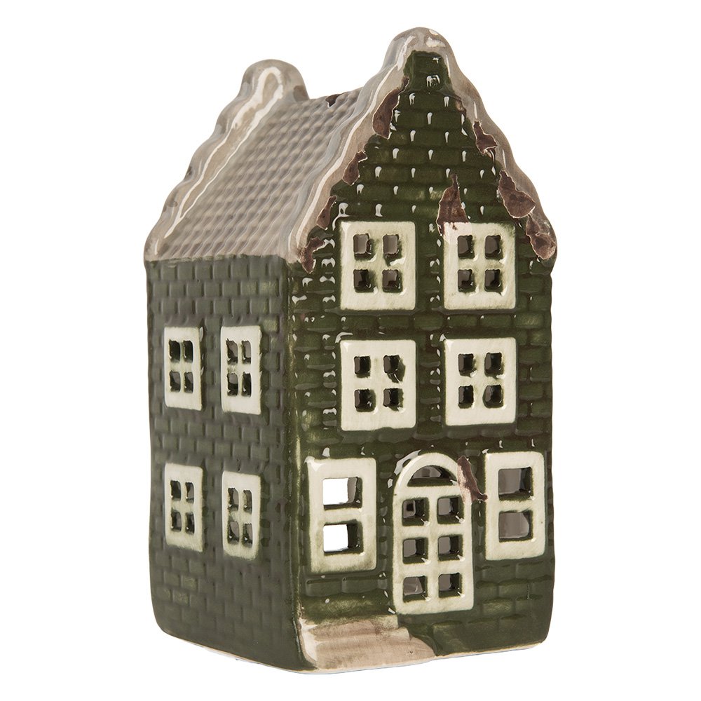 Waxinelichthouder Huis 7x7x14 cm Groen Keramiek