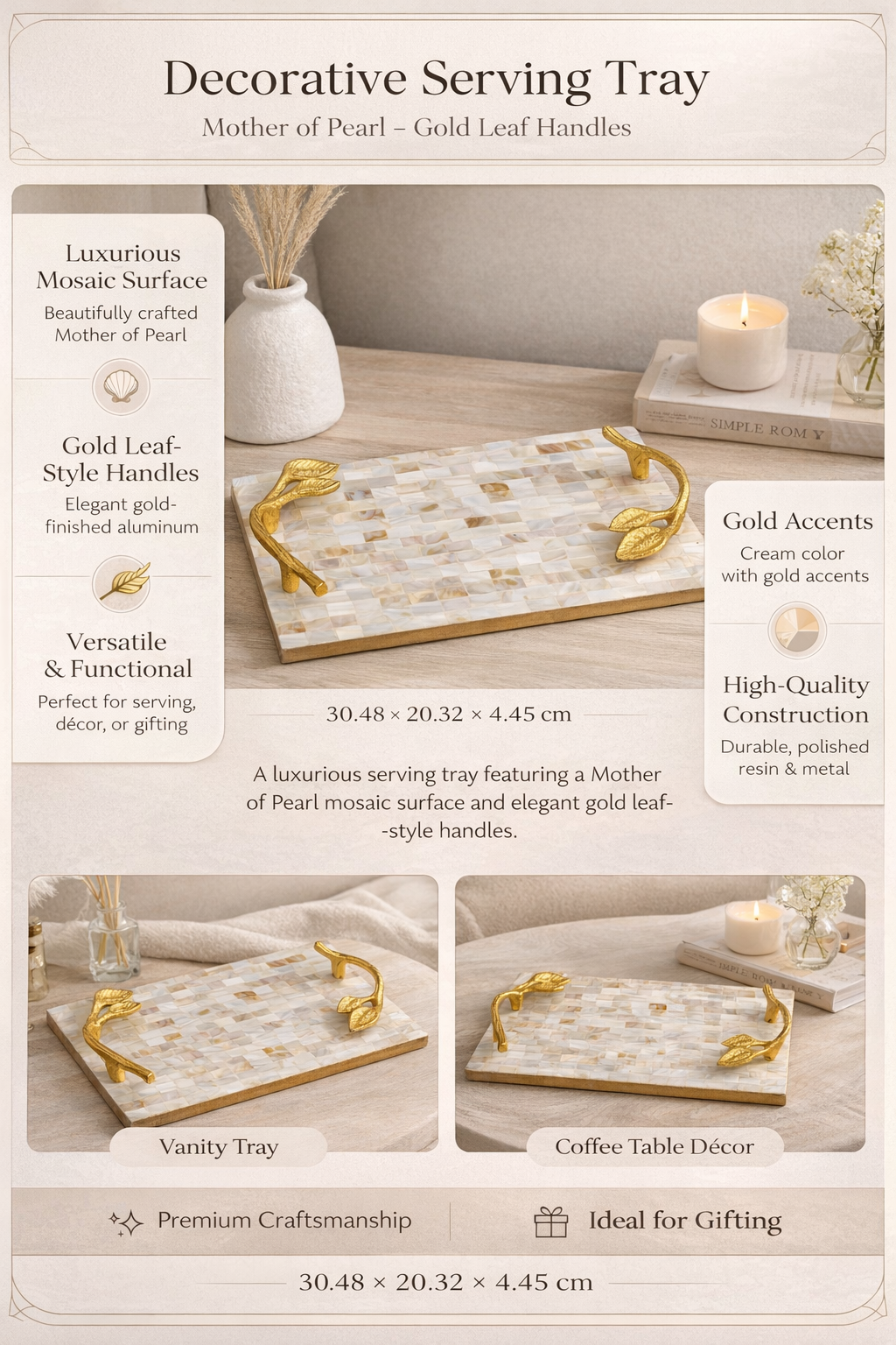 Decoratief dienblad - Handvatten van bladgoud - Parelmoerhars