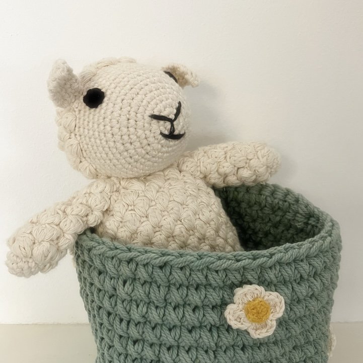 Luna-Leena mand zeegroen met biologische bloemen - H13x12øcm - dik katoen - hand gehaakt in Nepal