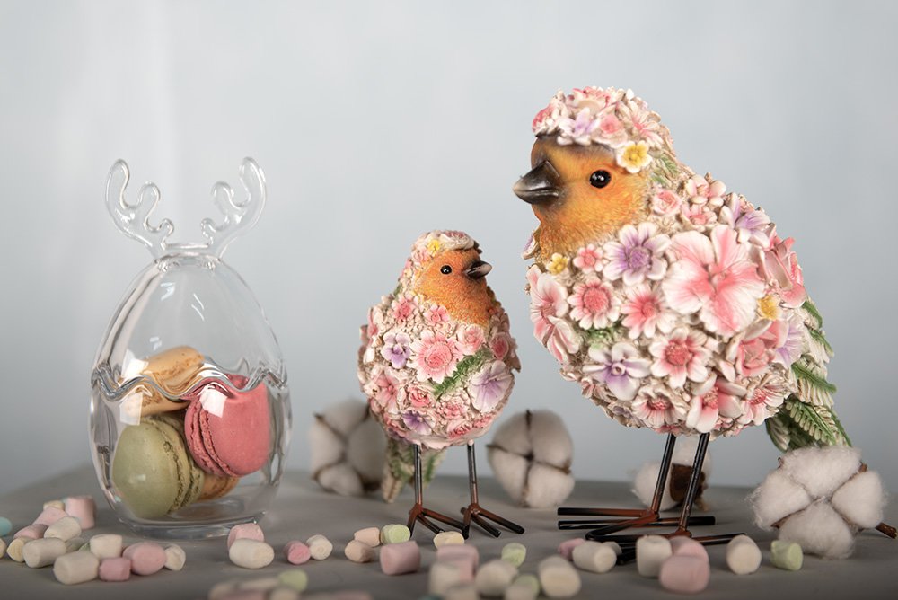 Beeld Vogel 7x10x12 cm Roze Polyresin Bloemen