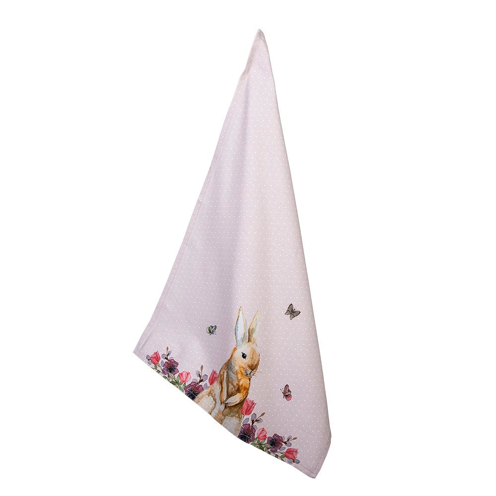 Theedoek 50x70 cm Wit Roze Katoen Konijn Bloemen Vaatdoek