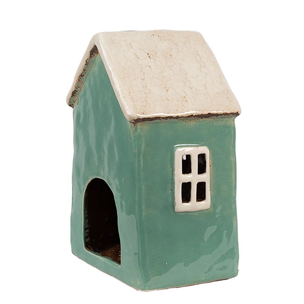 Waxinelichthouder Huis 13x9x18 cm Groen Beige Keramiek Theelichthouder