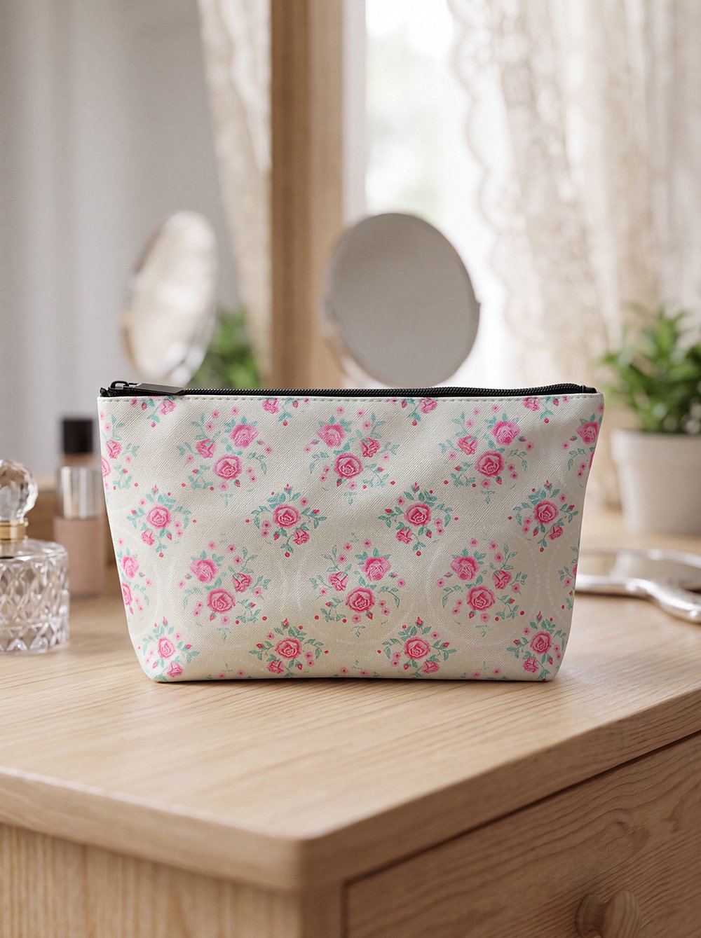 Toilettas Dames 26x6x16 cm Groen Roze Kunststof Roosjes