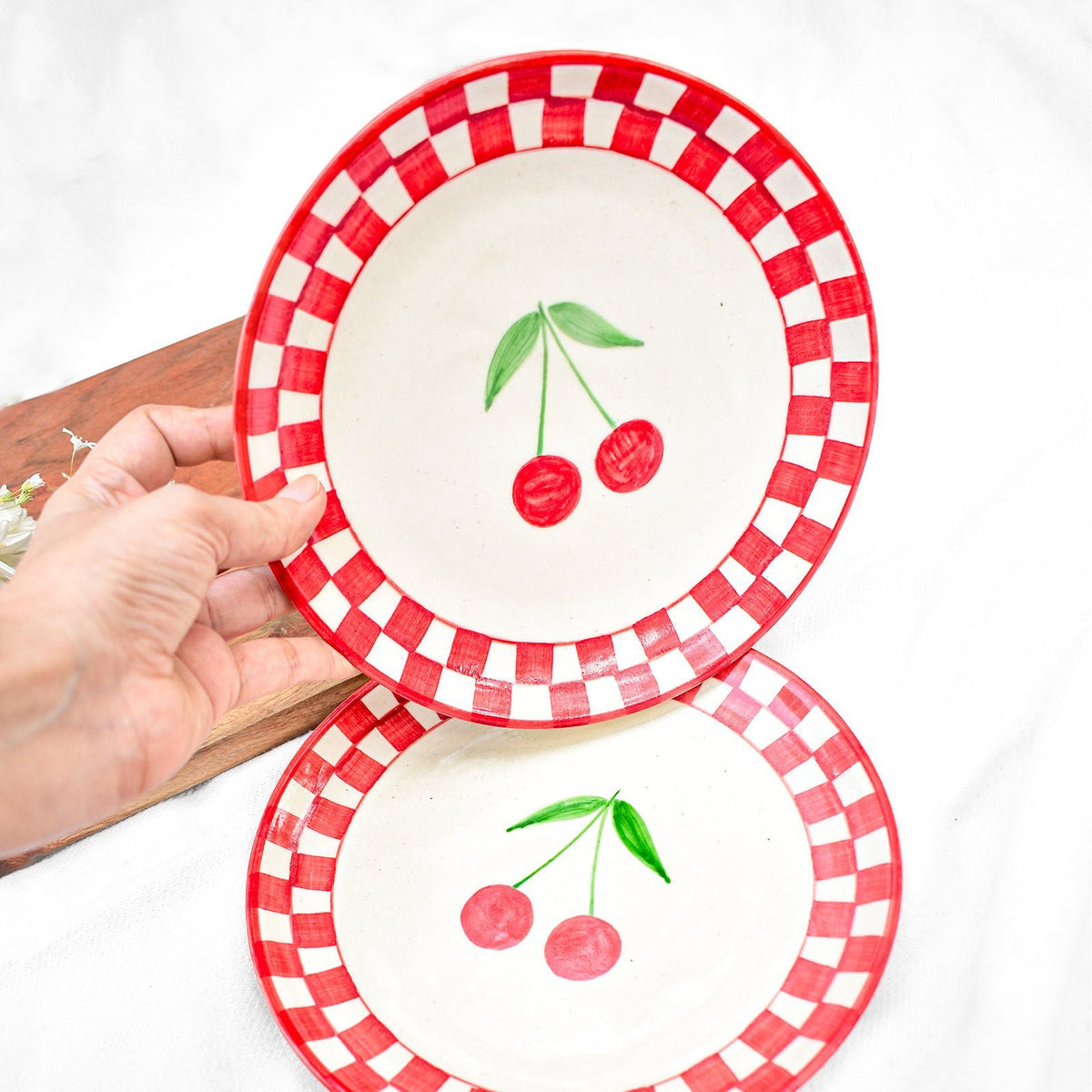 Serveerbord | Keramiek Geruit Kers | Set van 2, 7 inch