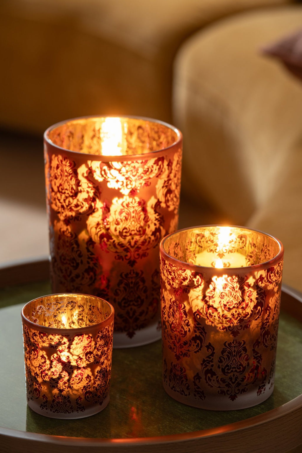 J-Line Windlicht met bloemen - glas - bordeaux/koraal - L