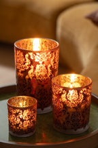 J-Line Windlicht met bloemen - glas - bordeaux/koraal - L