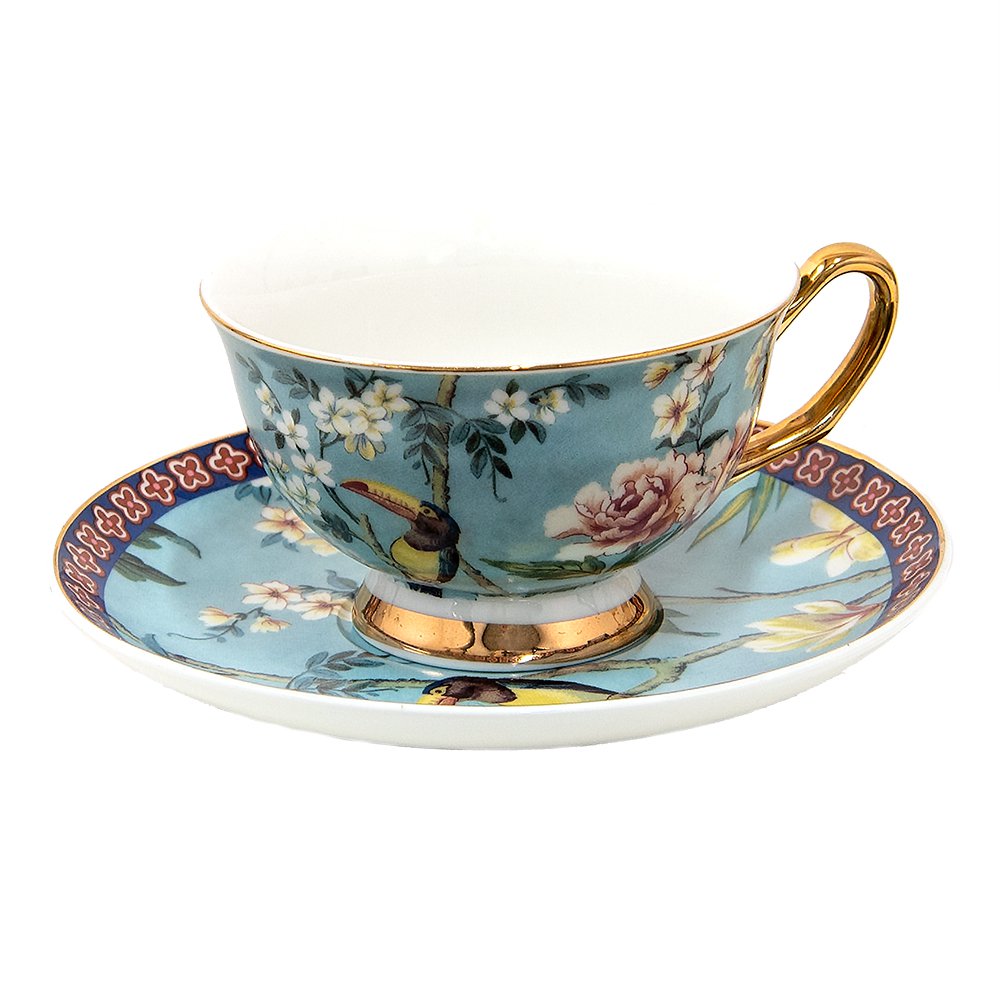 Kop en Schotel 200 ml Blauw Goudkleurig Porselein Vogels Servies