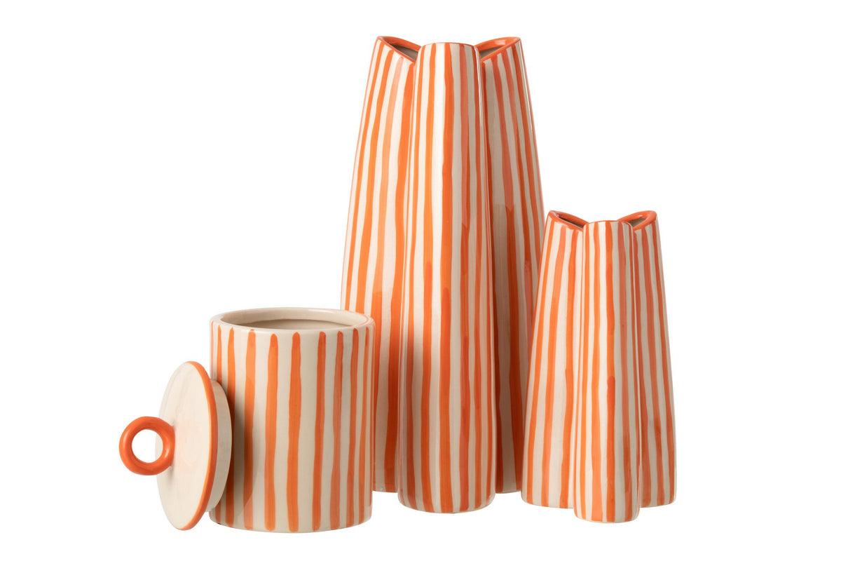 J-Line vaas Gestreept - keramiek - wit/oranje - L