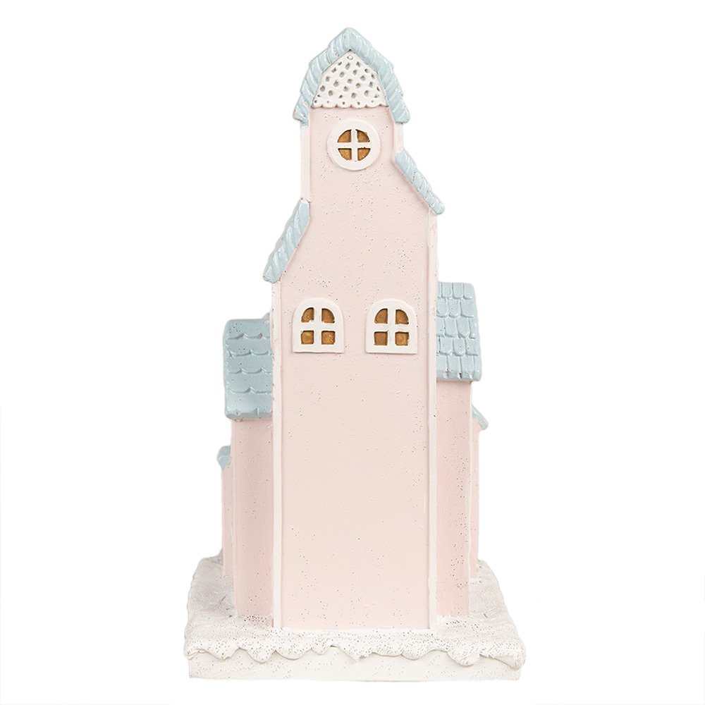 Gingerbread house met LED 13x13x26 cm Roze Polyresin Peperkoekhuisje