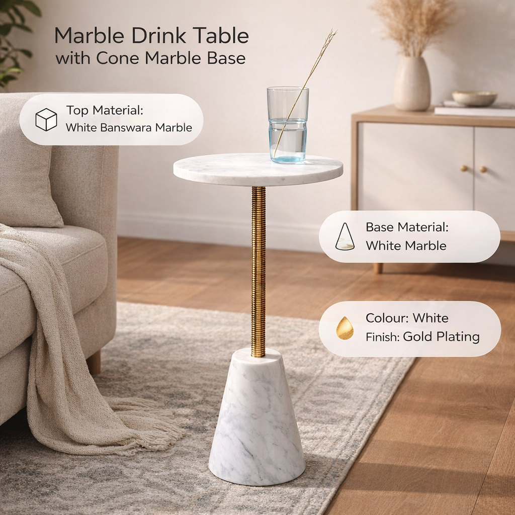 Marmeren Accenttafel - Gouden Afwerking - Sculpturale Kegelbasis