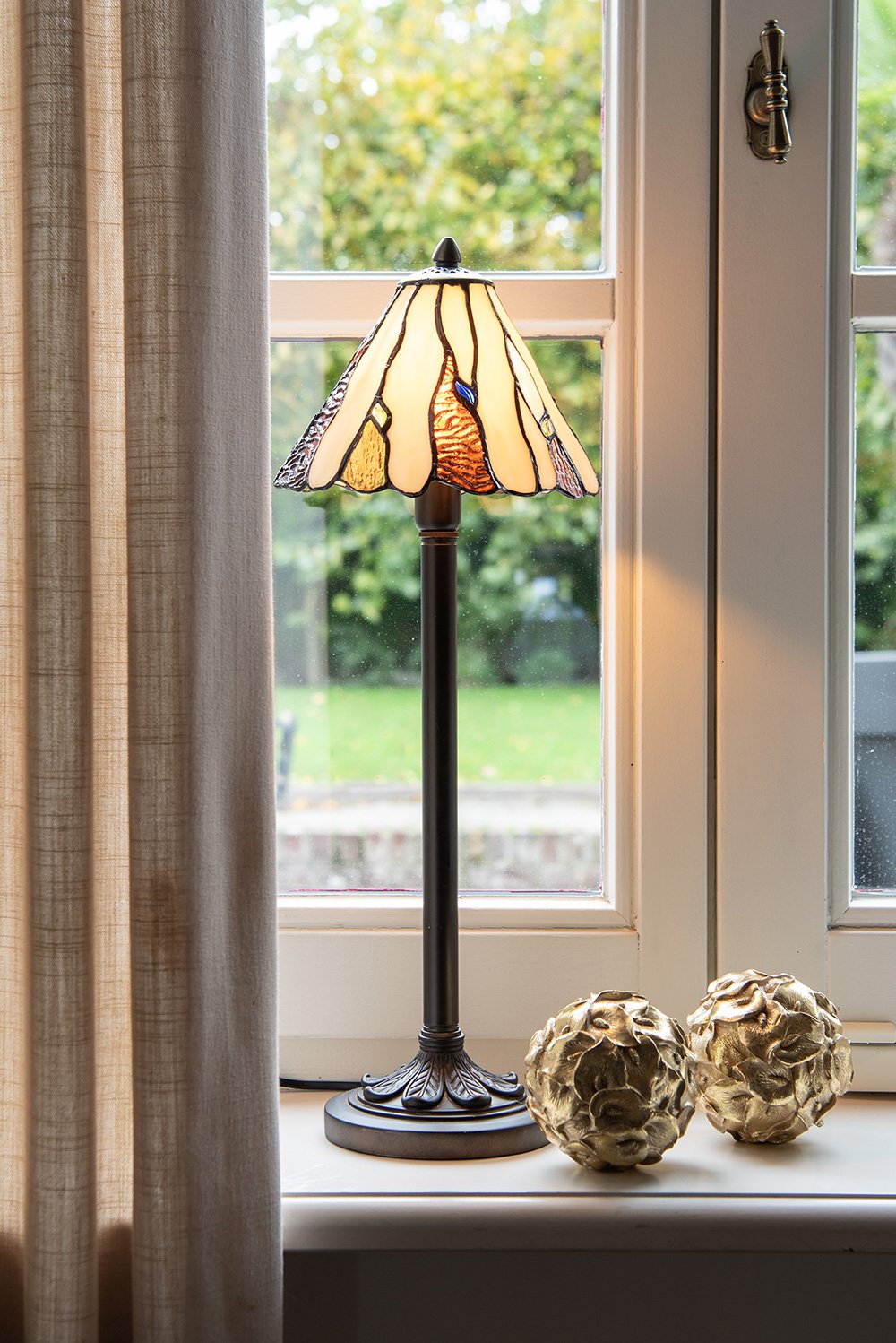 Tiffany Tafellamp Ø 20x60 cm Beige Bruin Glas Tiffany Bureaulamp