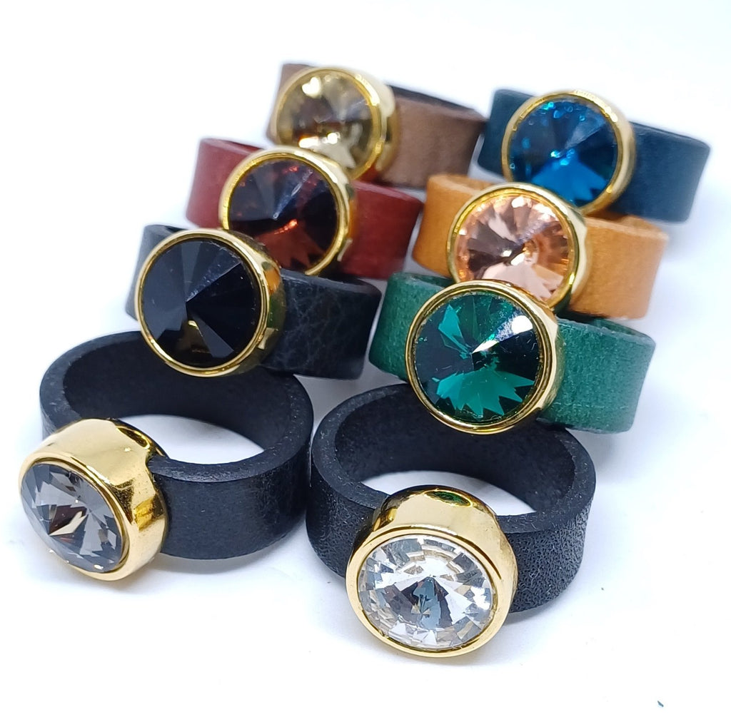 Leren ring 12mm glaskristal (set van 8 stuks)