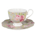 Kop en Schotel 200 ml Groen Wit Porselein Bloemen Servies