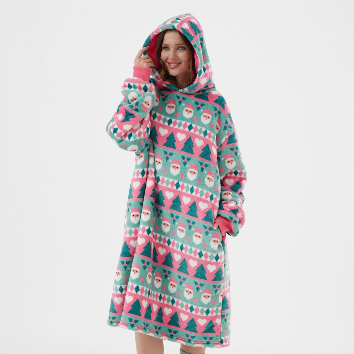 Textino Jolly Santa - Hoodie 70x110 cm - Volwassenen - Kerstmis - Geranium Roze - Roze