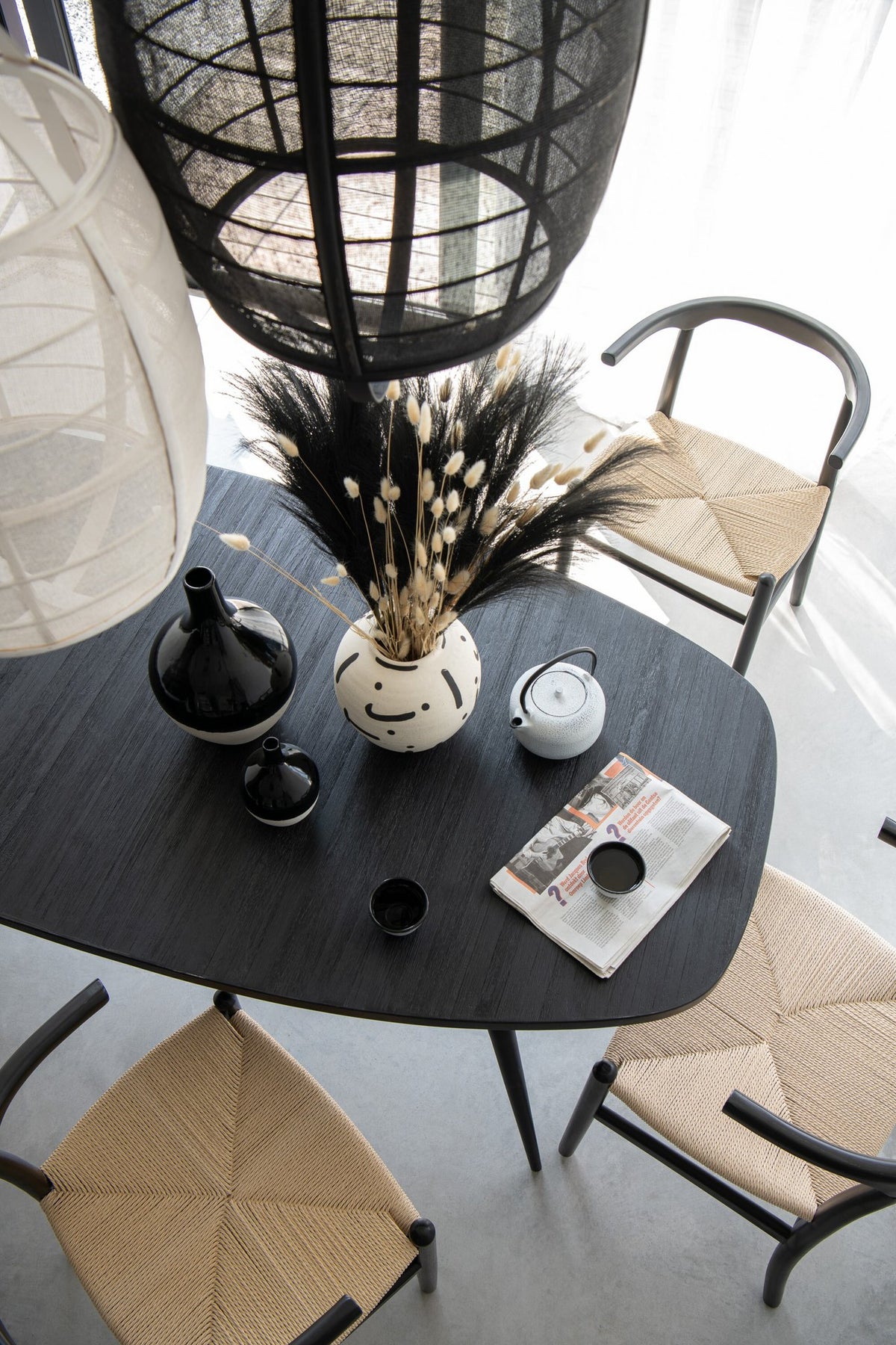 J-Line Hanglamp Ion Linnen/Bamboe Zwart Small