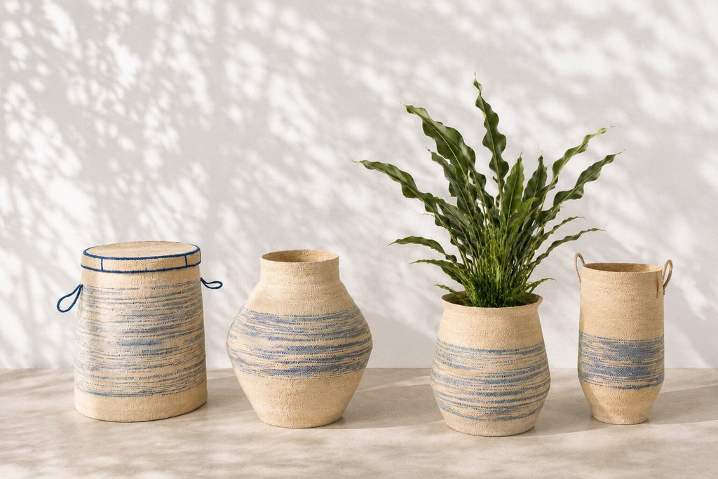 J-Line mand Met Handvat Gestreept - zeegras - naturel/blauw