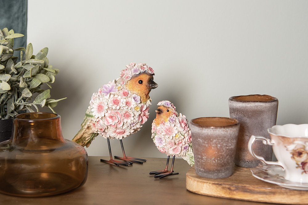 Beeld Vogel 7x10x12 cm Roze Polyresin Bloemen