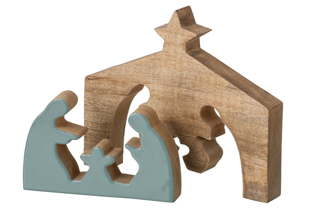 J-Line Kerststal - mangohout - naturel/turquoise - large