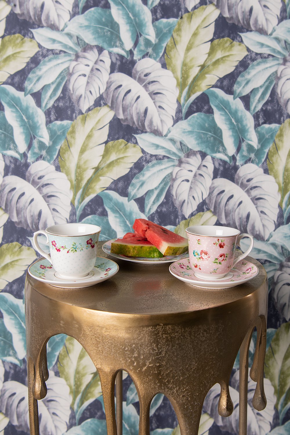 Kop en Schotel 250 ml Wit Groen Porselein Bloemen Servies