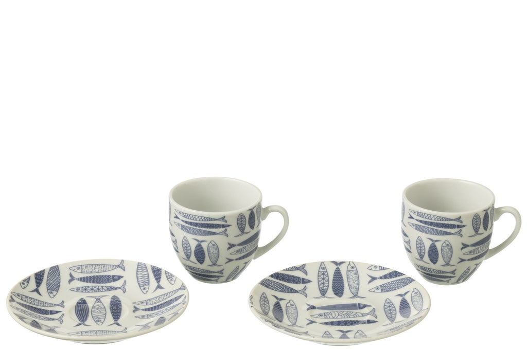 J-Line Doos 6 Kopjes+Schaal Vis Keramiek Donkerblauw