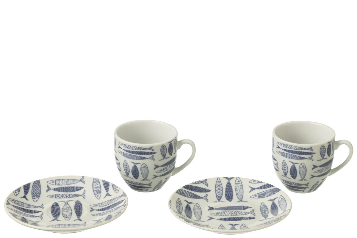 J-Line Doos 6 Kopjes+Schaal Vis Keramiek Donkerblauw